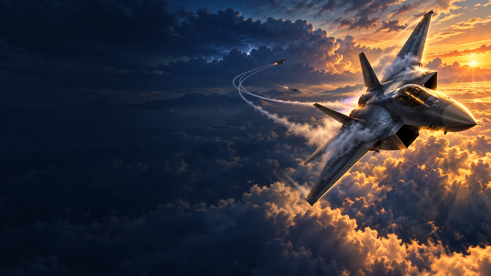 Atmospheric AI editorial artwork for ACE COMBAT 8: WINGS OF THEVE