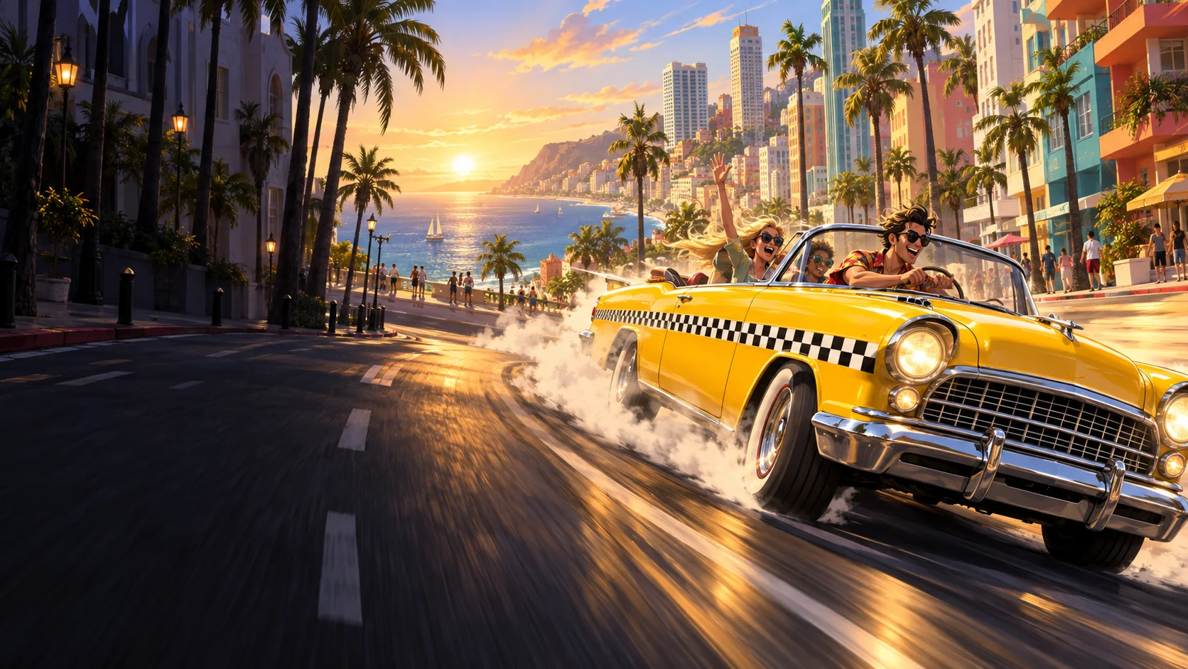 Atmospheric AI editorial artwork for Crazy Taxi: World Tour