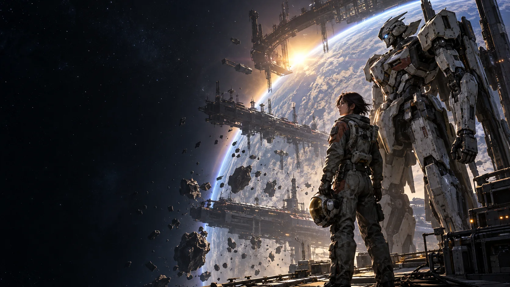Atmospheric AI editorial artwork for Gundam Rogue Orbit
