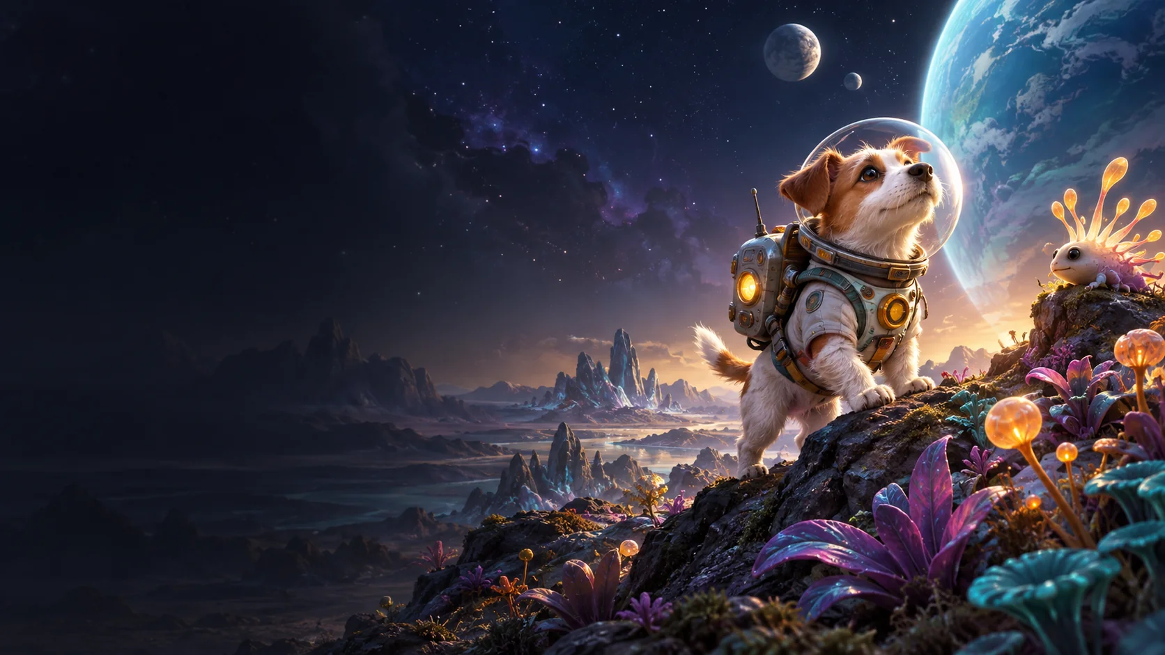 Atmospheric AI editorial artwork for Goodboy Galaxy (Nintendo Switch)