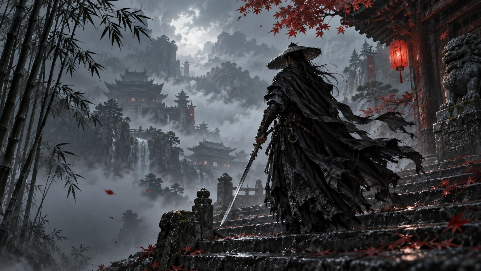 Atmospheric AI editorial artwork for Phantom Blade Zero