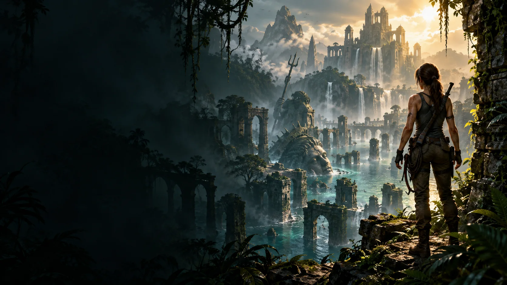 Atmospheric AI editorial artwork for Tomb Raider: Legacy of Atlantis